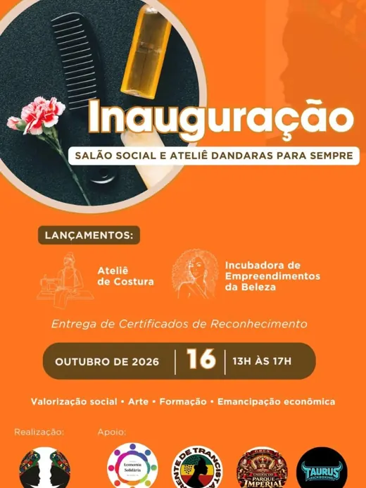 Convite laranja da inauguração do Salão Social e Ateliê Dandaras para Sempre, em 16 de outubro de 2026